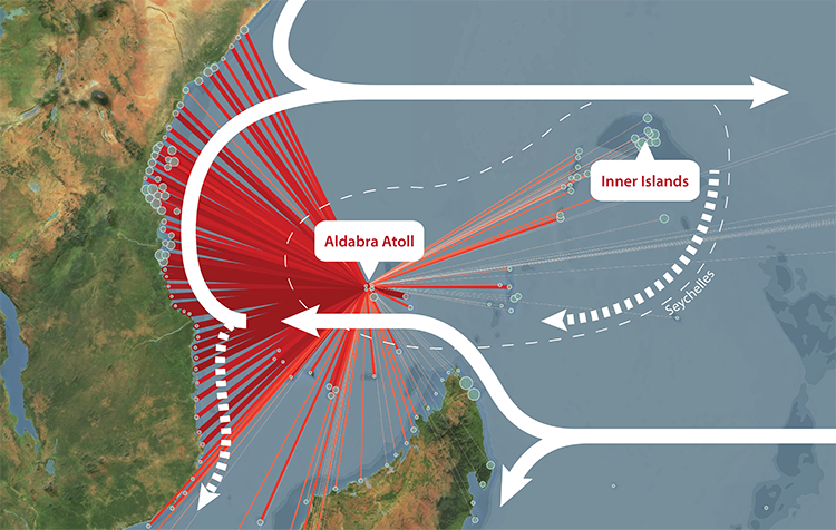 Map of the southwest Indian Ocean showing the connected coral reefs and larval distribution. 