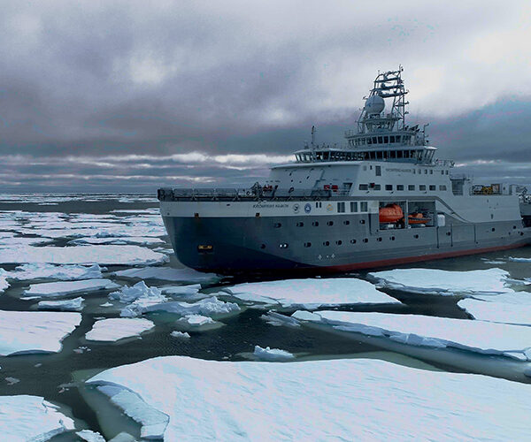 The Institute of Marine Research’s RV Kronprins Haakon sailing in icy Arctic waters