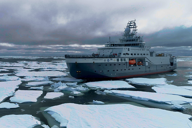 The Institute of Marine Research’s RV Kronprins Haakon sailing in icy Arctic waters