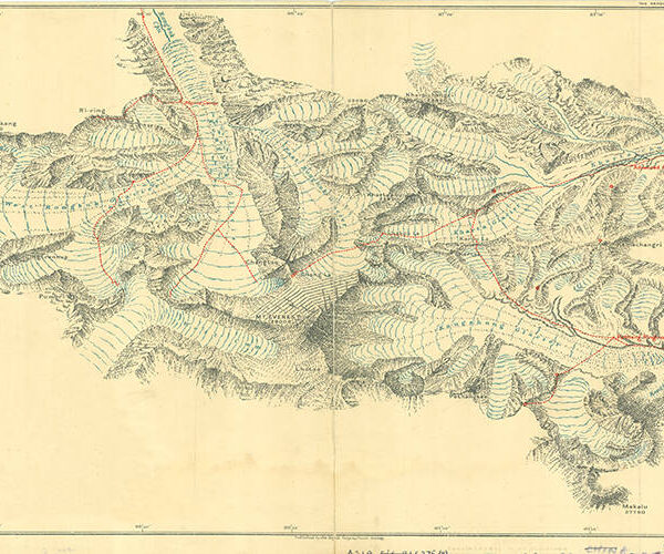 A preliminary map of Mount Everest constructed at the Royal Geographical Society from photographs and sketches made by the expedition of 1921. The red dots show the sites of the stations from which expedition member Charles Howard-Bury used a Kodak Panoram camera to create a series of panoramic photographs