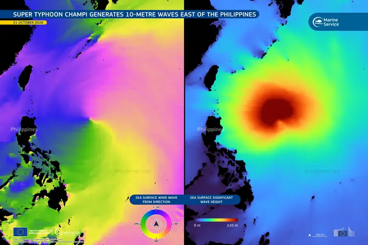 Copernicus Marine Service visualisations show the impact of Super Typhoon Champi on the Philippine Sea on 21 October 2026. With winds reaching 296 km/h, the Category 5 storm was the strongest tropical cyclone recorded in 2026. The images show the anticlockwise movement of wind-generated waves (left) and significant wave heights reaching 10 metres near the storm’s centre (right).