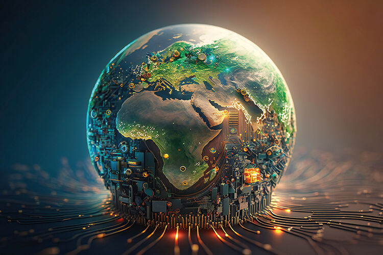 Concept art of the earth plugged into digital wiring and techonology