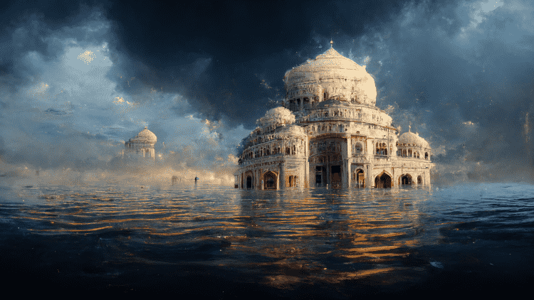 The Taj Mahal, in Agra, is shown surrounded by flood water