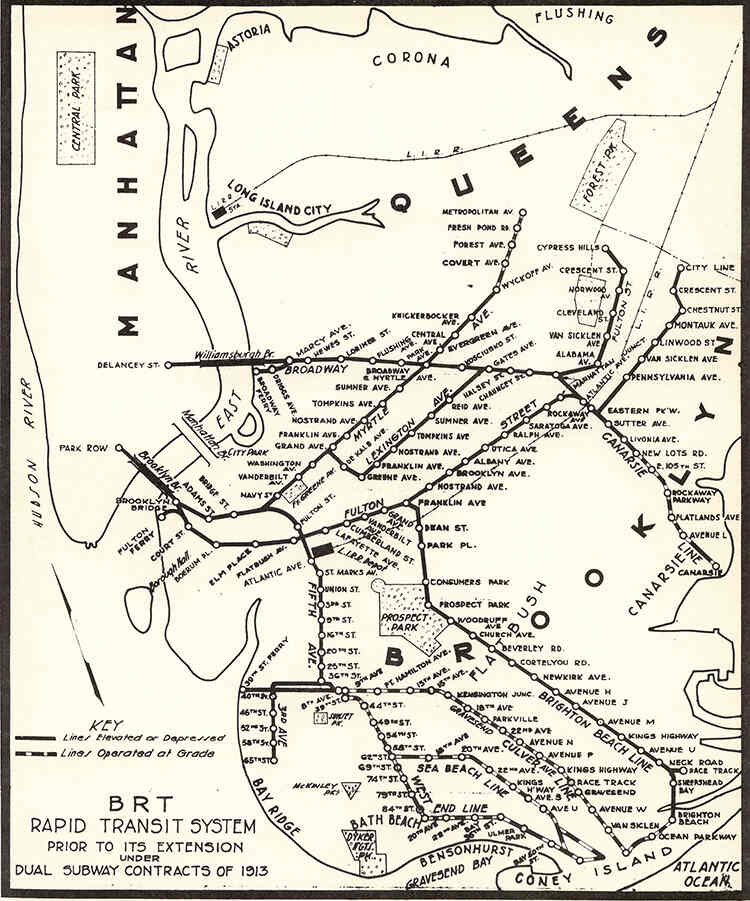 The 1913 BRT map, generated by one of the then separate subway operators