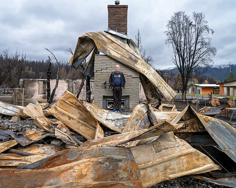 Kevin Goss, Greenville, California, USA, October 2021 (from the series Portraits in Ashes). ‘A burnt landscape, a burnt home, is visually extremely chaotic. It’s dramatic, but it’s hard to find visual order within it. I spend a lot of time with my subjects, creating a frame that has a kind of visual coherence’