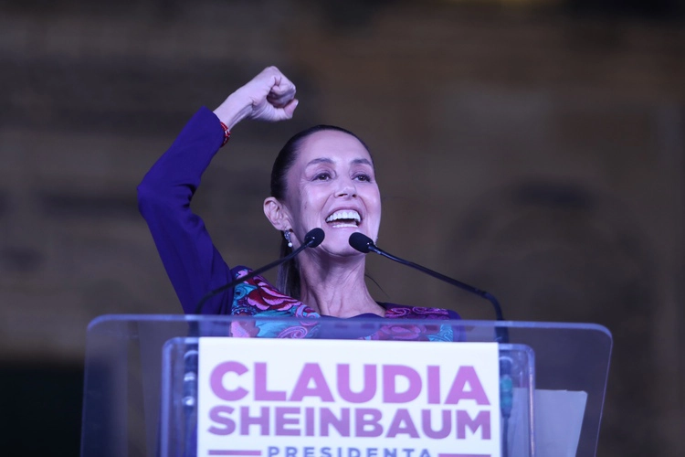 Mexico City, Mexico. June 2, 2024. Claudia Sheinbaum, candidate for the presidency of Mexico, celebrates at Zocalo square.