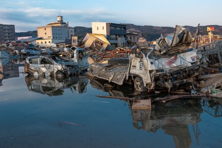 Debris at a fish processing industrial area of Kesennuma, Japan, after 2011 Japan Tohoku Earthquake