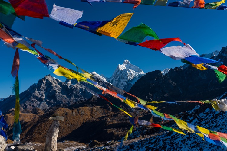 Early morning sunrise in the hImalayas of Nepal with Mt. Kumbhakarna (Jannu HImal) and mountains