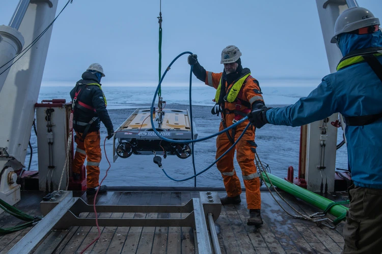 The team hel
ps lower the AUV into the Antarctic waters for a dive to search for the
Endurance. 