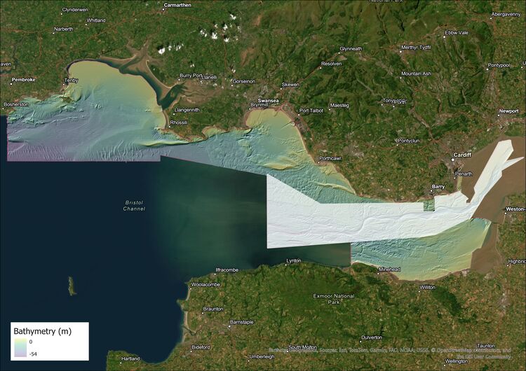 Extent of the extended Bristol Channel map, with the original shown in white. Contains OS data © Crown Copyright and database right 2020. The derived bathymetric layer was produced from Maritime and Coastguard Agency (MCA) data
