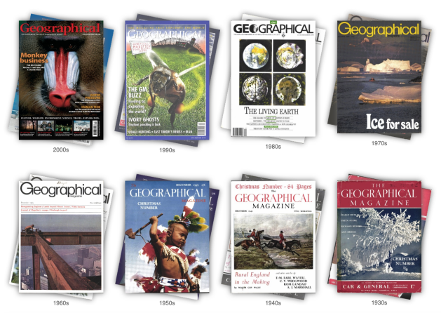 Geographical archive covers from the 1930s to the 2000s