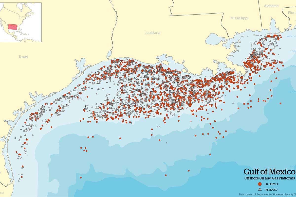 More than 7,000 oil and gas rigs lie offshore in the Gulf of Mexico