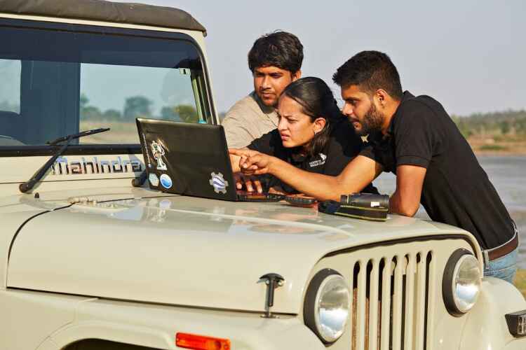 Krithi Karanth and colleagues read data on a laptop resting on the bonnet of a jeep