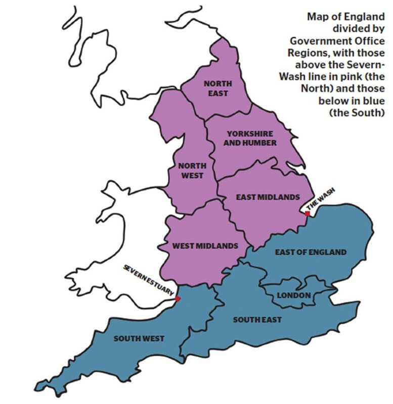 Map of England divided by government office regions, showing a north south divide