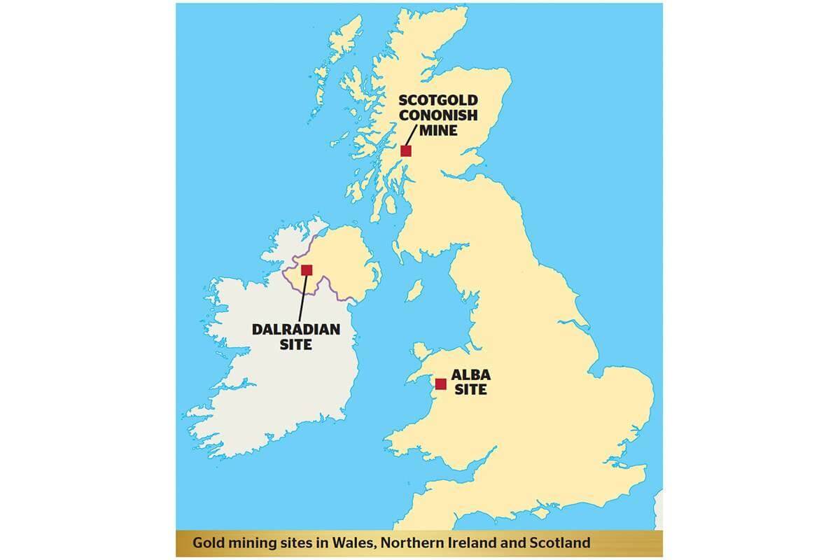 Map Gold Mining Sites In Wales Northern Ireland And Scotland 1200x800 