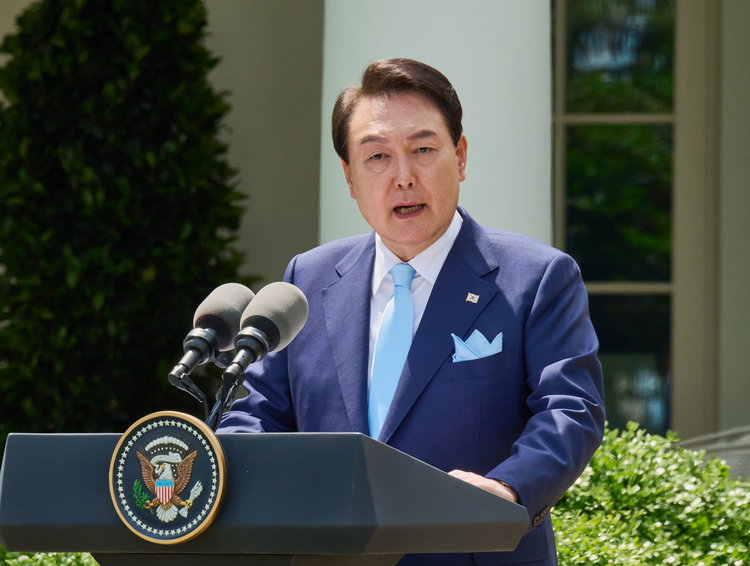 WASHINGTON, D.C., USA - APRIL 26, 2023: The Joint Press Conference for the State Visit of President Yoon Suk Yeol of the Republic of Korea in the Rose Garden of the White House.