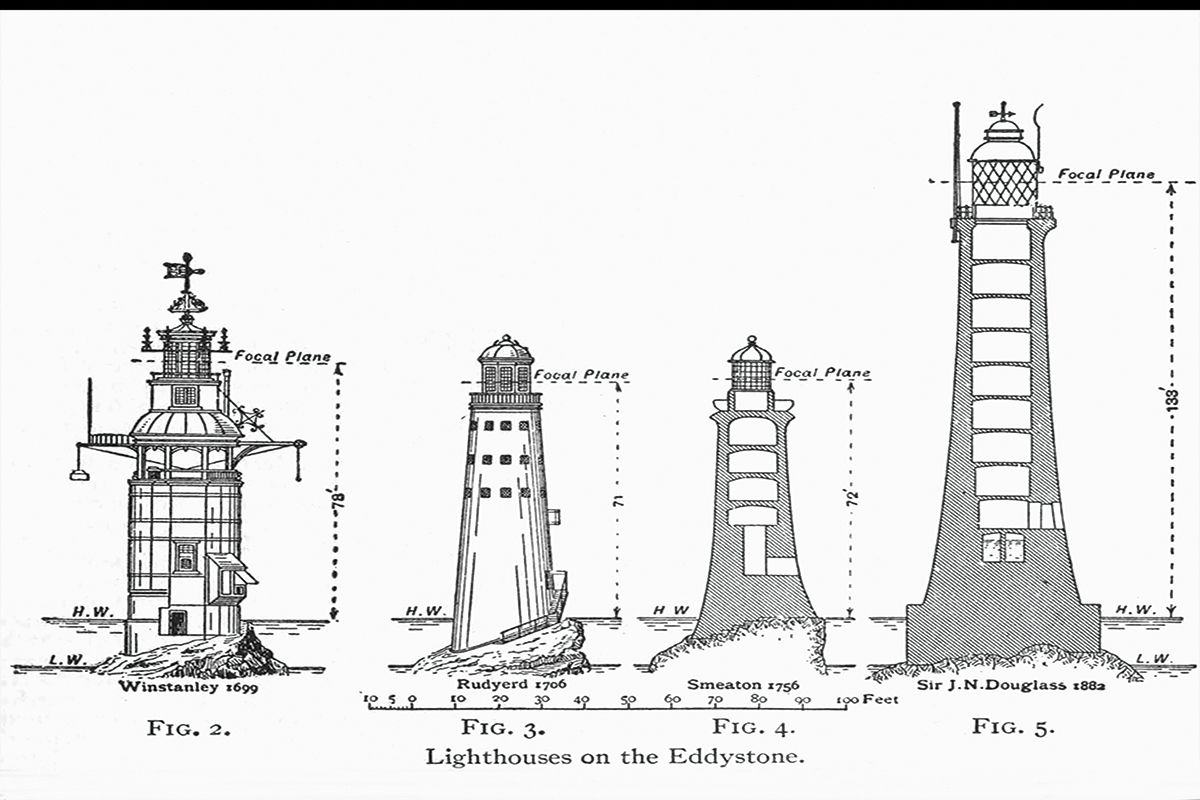 Winstanley, Rudyerd, Smeaton and Douglass Eddystone towers, from the 1911 edition of the Encyclopaedia Britannica. 