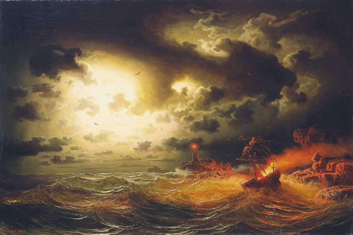Marcus Larson, Burning Steamer, 1858,  oil on canvas