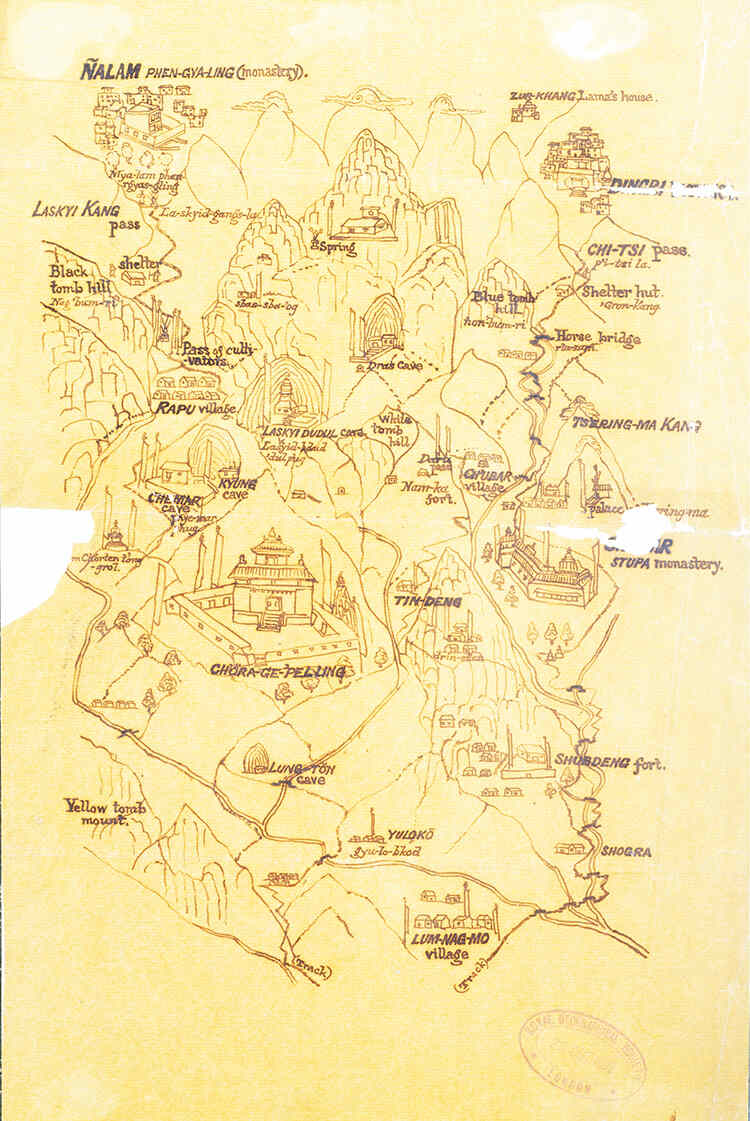 A tracing from a photograph of a Tibetan pictorial map of the area around Mount Everest, reproduced in The Geographical Journal in 1898