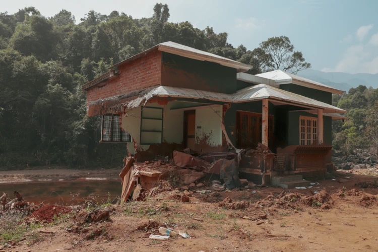 More than a year after a mudslide devastated Chooralmala in Wayand in July 2024, this family home still teeters precariously over the path of the disaster