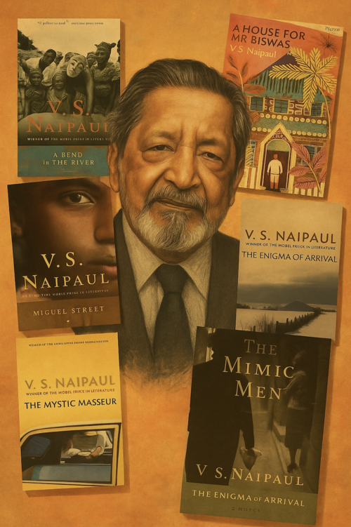 VS Naipaul book cover with VS Naipaul portrait