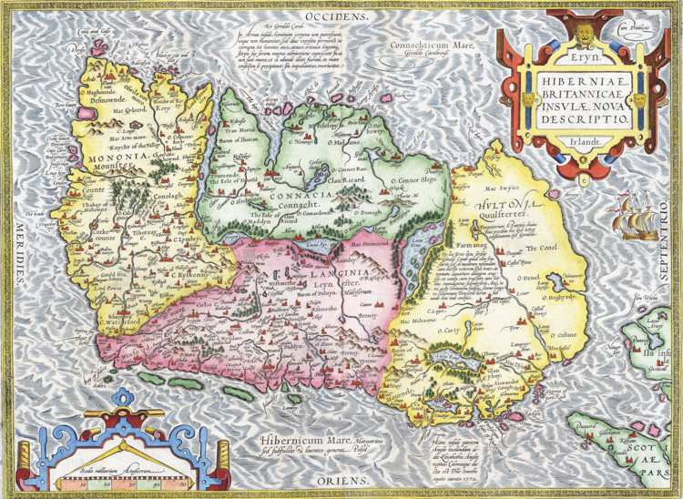 Erin, Hibernia Brittanicae Insulae nova
descriptio, Abraham Ortelius (1592 Latin edition)
First published in 1573, this finely coloured map
is among the earliest obtainable separate maps of
Ireland, based on Gerard Mercator’s 1564 map of
the British Isles. Oriented with west at the top, it
features decorative sailing ships and a coat of arms,
and appeared in Ortelius’s Theatrum Orbis Terrarum,
the first modern atlas of the world.
