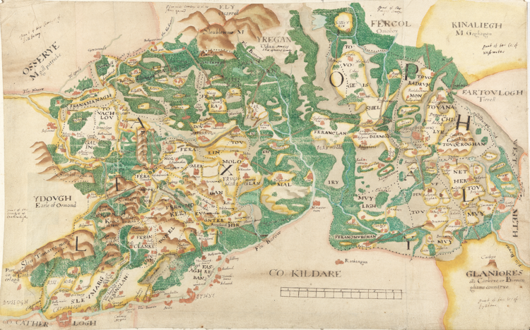 Showing the settlement
patterns of the newly created
plantation counties alongside
the traditional lands of the
local Irish population, this
map depicts the towns of
Maryborough and Philipstown,
named for Queen Mary I and
King Philip II, with Maryborough
appearing the more heavily
fortified within a volatile and
contested landscape.