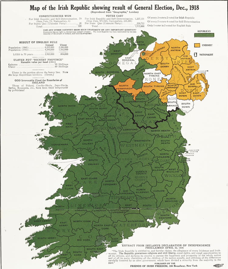 This is one variant of a map published in
the USA by the Friends of Irish Freedom,
a US-based organisation that mobilised
public opinion against the partition of
Ireland. Using election results to argue that
partition defied the democratic will of the
majority, the map formed part of a wider
propaganda campaign aimed at influencing
international, particularly American, opinion.