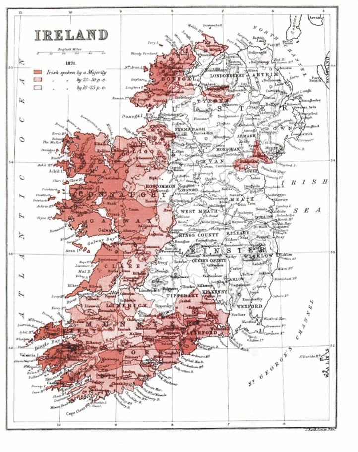 Based on the 1871 census, this map charts the
geographical distribution of Irish speakers at
barony level, showing the language increasingly
concentrated in western districts and the decline of
earlier eastern outliers, a pattern that Ravenstein
correctly argued was likely to continue.