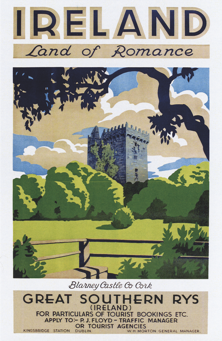 Produced during the golden age of travel posters in
the 1930s, this image reflects how railway companies
promoted Ireland as a romantic tourist destination, using
iconic landscapes and heritage sites to attract visitors and
encourage rail travel as a gateway to leisure and discovery.