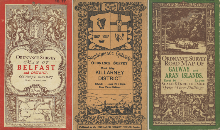 The Belfast map, printed in 1918, is at a scale of one
inch to one mile. The Killarney map dates from 1913
and is at the same scale, while the map of Galway and
the Aran Islands, dated 1921, is at a scale of half an
inch to one mile, reflecting differing survey priorities
and levels of detail.