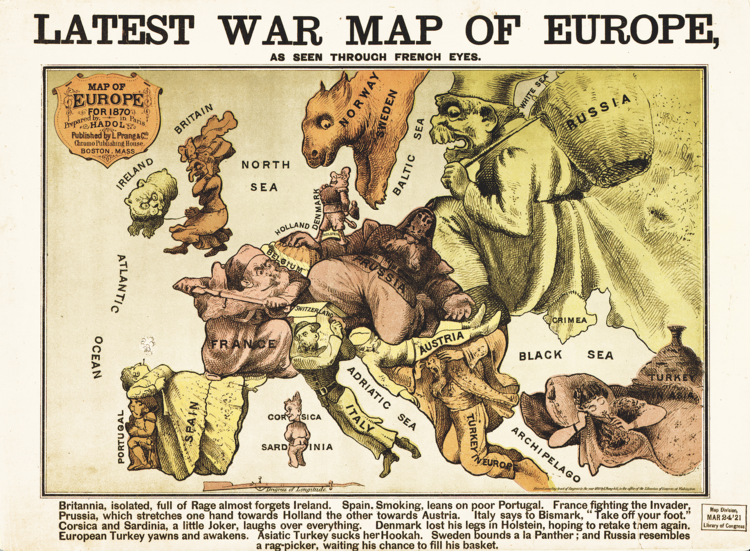 Drawing on the long tradition of personifying nations,
this satirical map comments on European tensions on
the eve of the Franco-Prussian War; Britain is shown as
an isolated figure turned away from Europe, while Ireland
appears as a cat on Britain’s leash, a visual metaphor for
colonial control and subordination