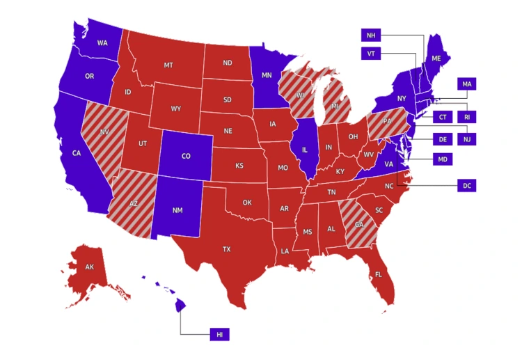 A map of the US showing which state voting for parties in 2024 US presidential election