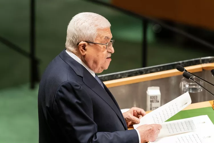 Mahmoud Abbas, President of the State of Palestine speaks at UN General Assembly plenary meeting at UN Headquarters in New York on September 21, 2023