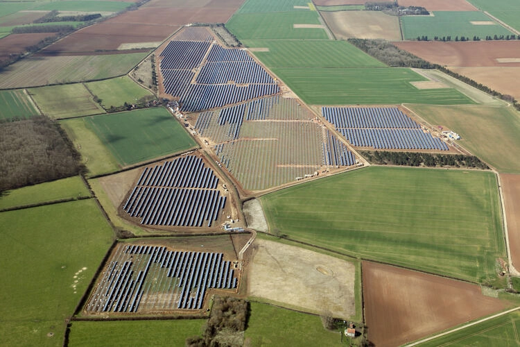 aerial view of a solar farm under construction in the UK