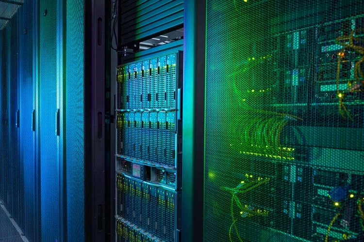 Supercomputer, Rackmounted Servers in a Datacenter, Modern Telecommunications, Artificial Intelligence, Technology Concept symbolizing the capabilities of high-performance computing, Data Center.