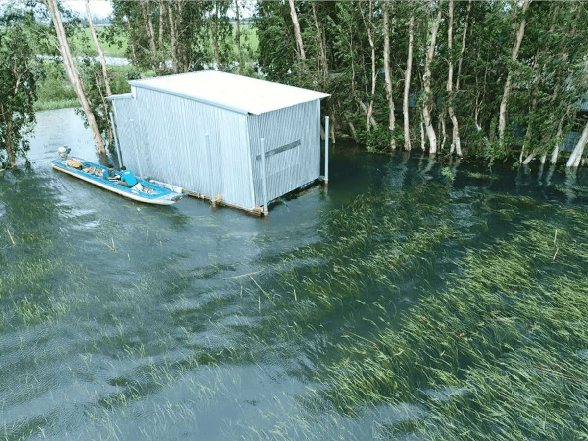 An amphibious house floats during flooding in Vietnam
