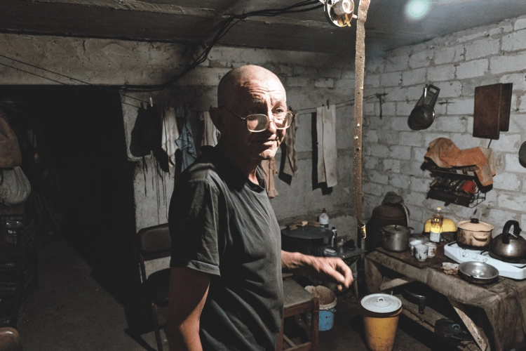 Anatoli in a basement in Lyman in the Grey Zone.