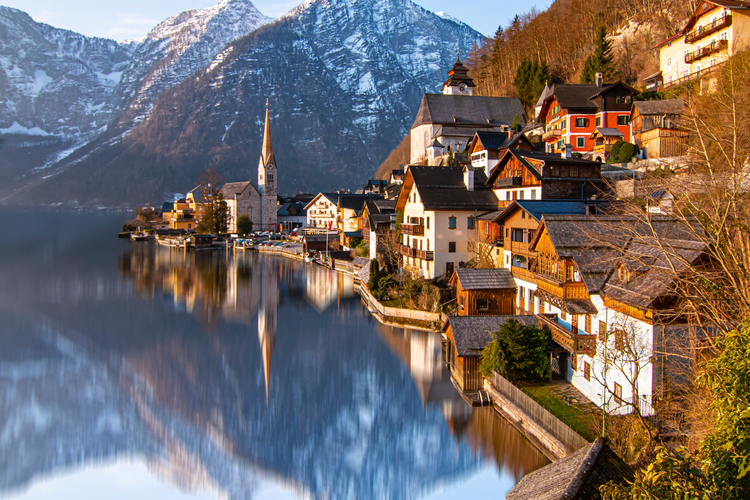 HALLSTATT, AUSTRIA. Beautiful autumn view of Hallstatt with reflection. Hallstatt is a small town in Austria.