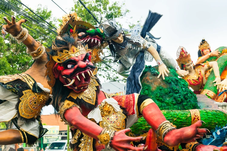 Balinese statue Ogoh-Ogoh ready for Ngrupuk parad in Ubud; Bali. Statues Ogoh made for vanquish the negative spirits during the Balinese New Year