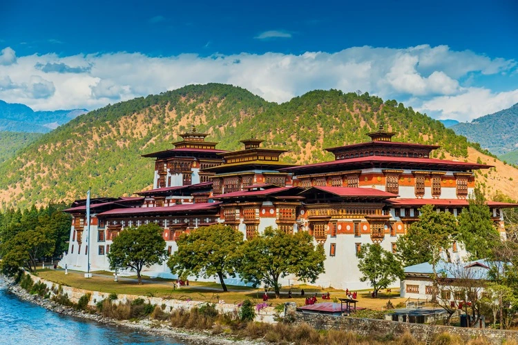 Punakha Dzong at the Mo Chhu river in Bhutan