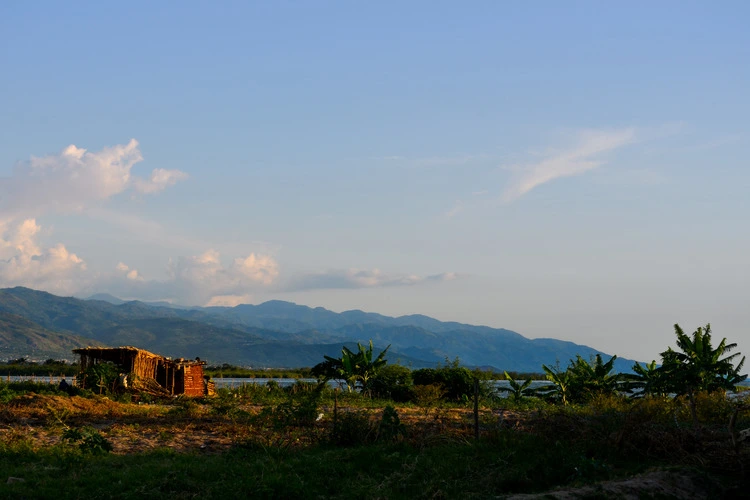 Fields on the shore of Lake Tanganyika, in Bujumbura, Burundi, with hills in the background