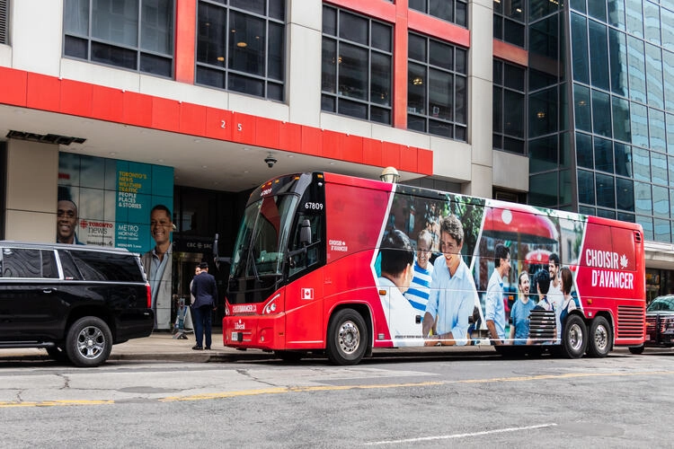 Liberal Party of Canada bus on campaign stop at the CBC HQ in Toronto while PM Justin Trudeau holds town hall.