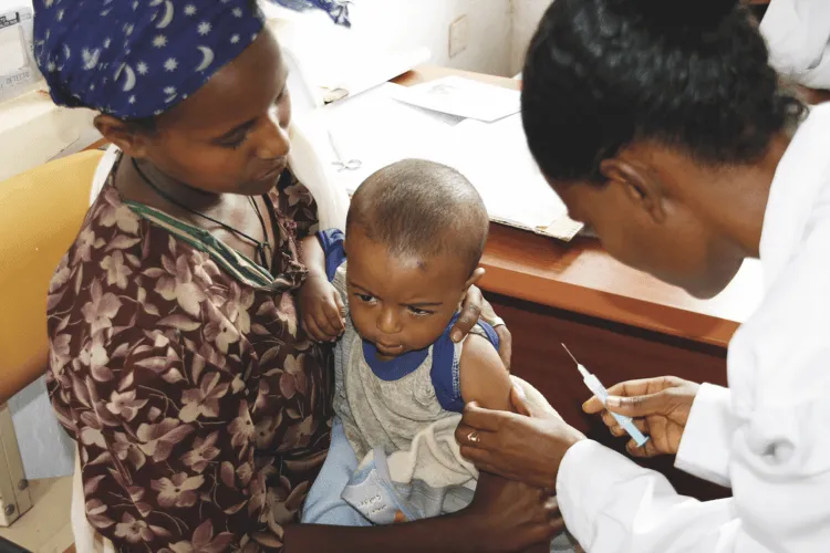 In Ethiopia’s Merawi province, nine-month-old Emabet is about to receive her measles vaccination. One in ten children across Ethiopia do not live to see their fifth birthday, with many dying of preventable diseases such as pneumonia and malaria