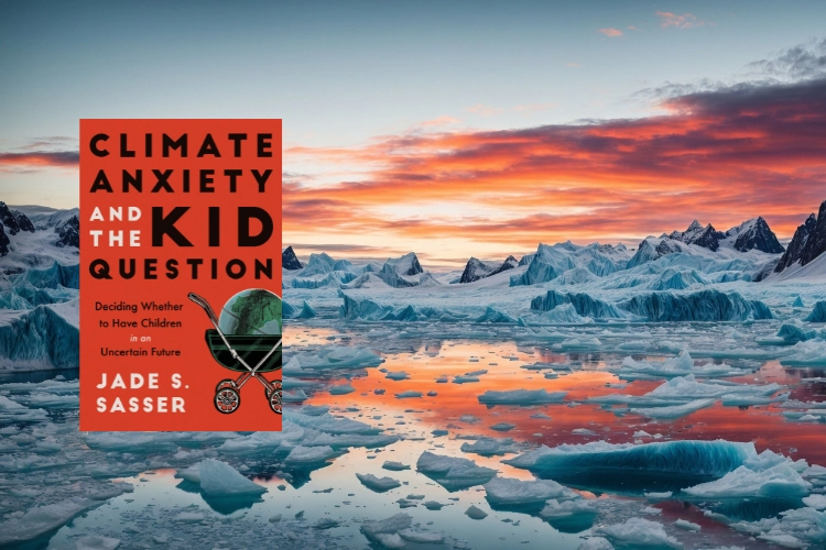 Climate Anxiety and the Kid Question book cover with a photo of melting ice caps and sunset in background.