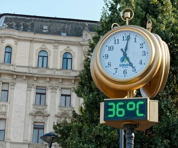 A large, ornate clock shows the time, while a digital display below indicates a temperature of 36 degrees Celsius,