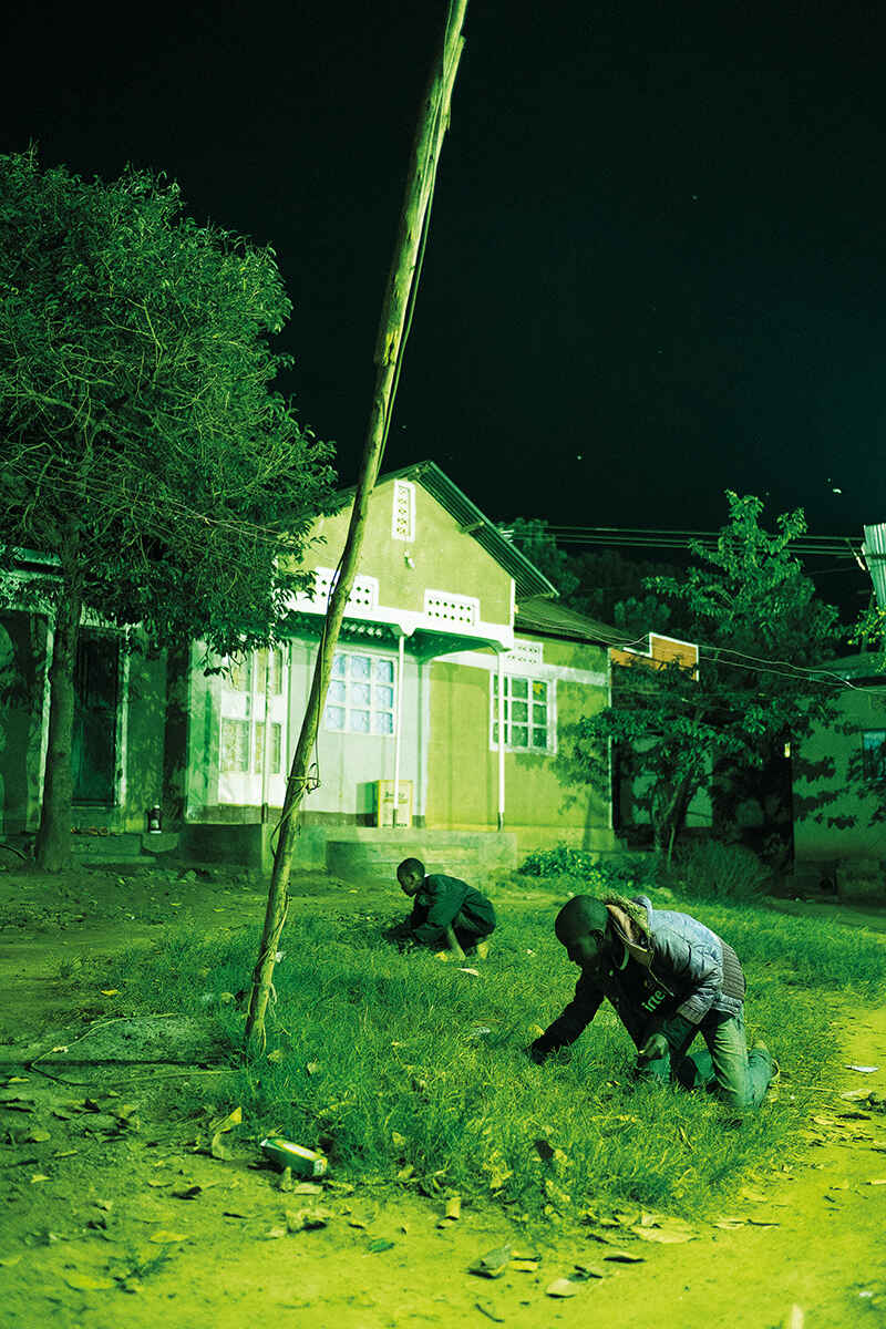 Children search the grass outside a house for grasshoppers