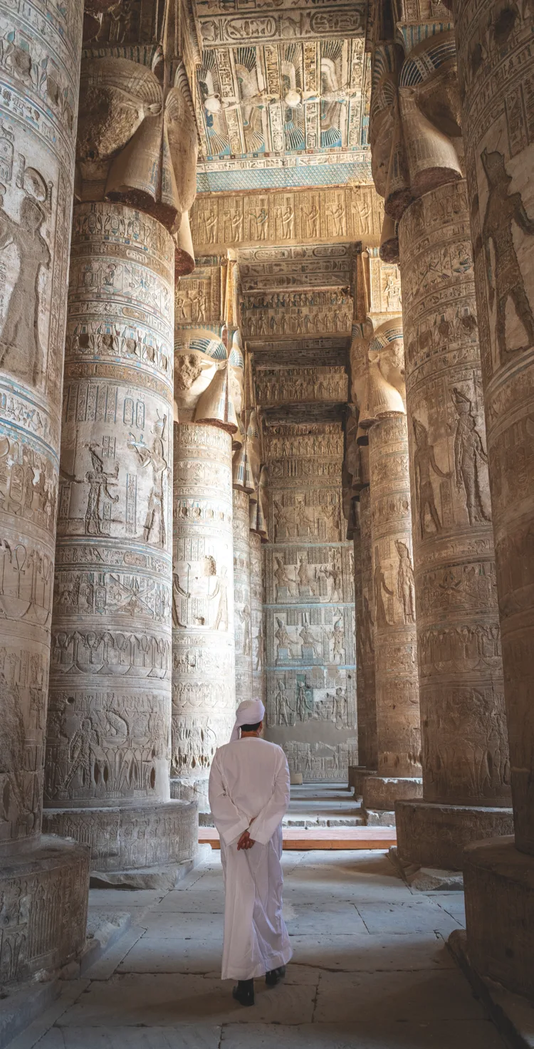 The columns of the Hypostyle Hall in the Temple of Hathor