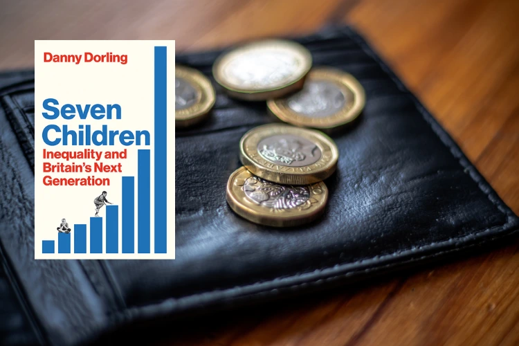 Danny Dorling's new book, Seven Children, with a background of a black wallet with pound coins.