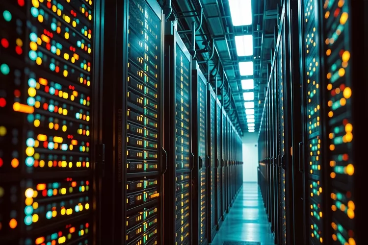 Data centers filled with rows and rows of servers as blinking light indicate constant processing, high detail, cinematic angle composition